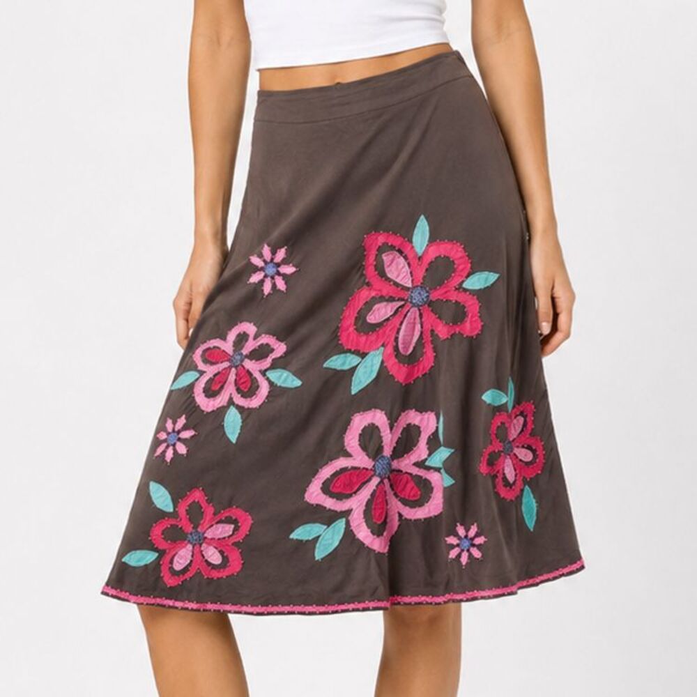 Boden Floral Appliqué A-Line Skirt Brown Pink Retro Cotton Lined Women’s 14